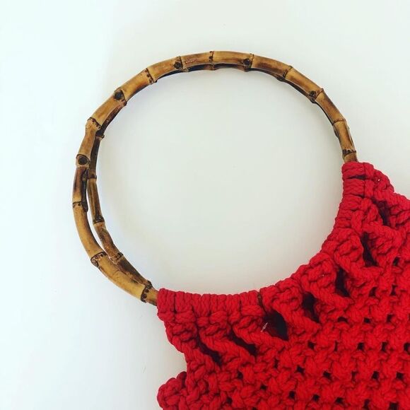 Vintage rattan weave crotchet bag w bamboo handle - Picture 5 of 6